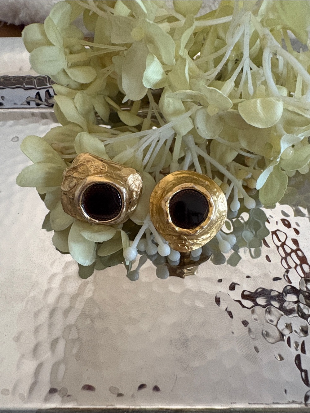 Hammered Gold Clip-On Earrings with Brown Center